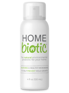 Bottle of Homebiotic, a clear, non-toxic spray to stop mold growth and musty odors