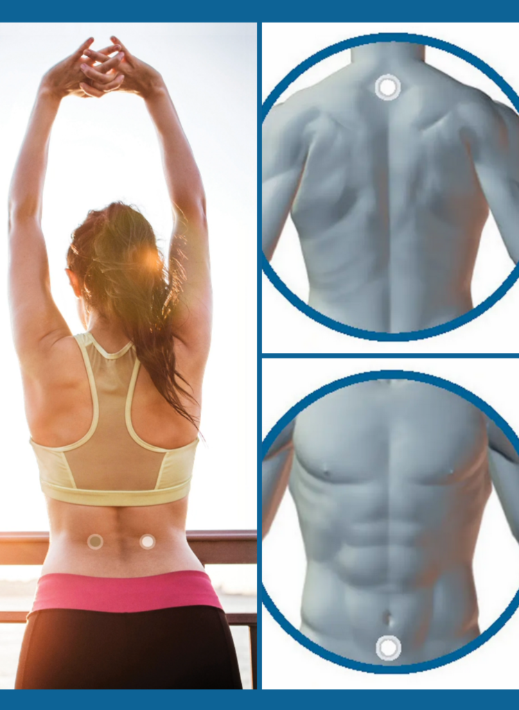 Images of LifeWave® patches being worn in different places on the body: upper and lower back and lower abdomen. Photos: LiveWave®